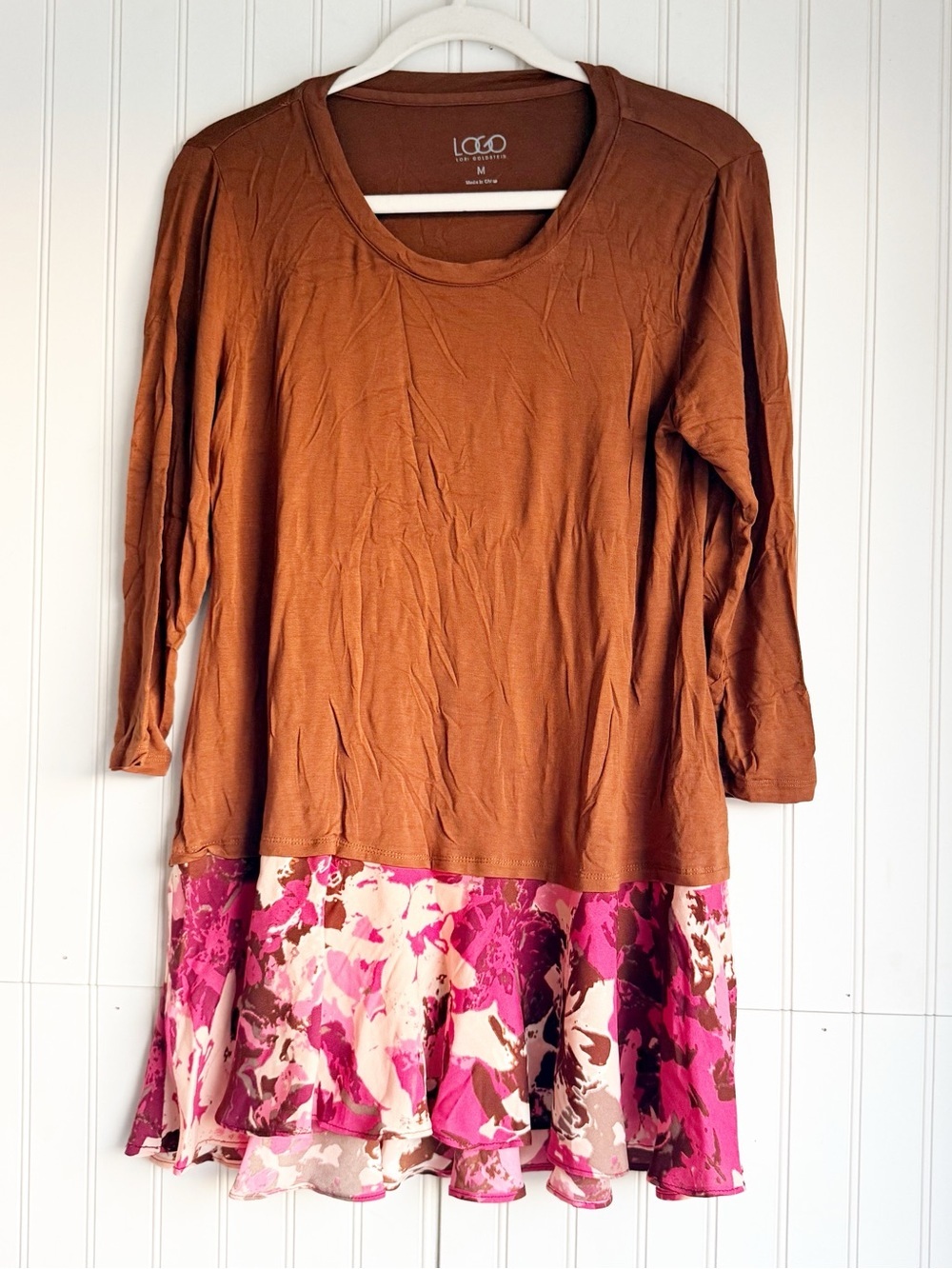 LOGO by Lori Goldstein Size M Layered Hem Tunic Top Floral Hi Low Boho Top